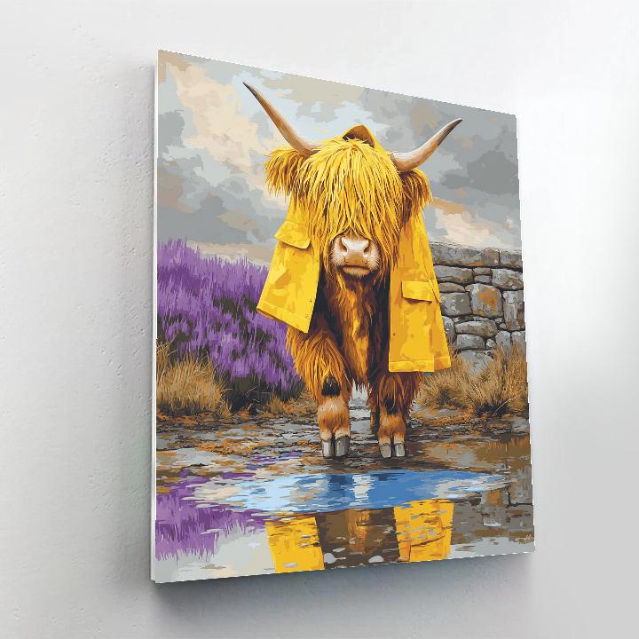 Highland Cow Raincoat And Puddle Reflections Painting by numbers kit