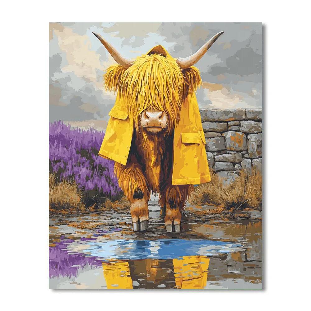 Highland Cow Raincoat And Puddle Reflections Painting by numbers kit