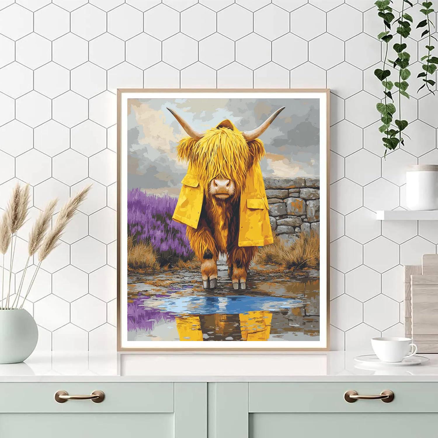 Highland Cow Raincoat And Puddle Reflections Painting by numbers kit