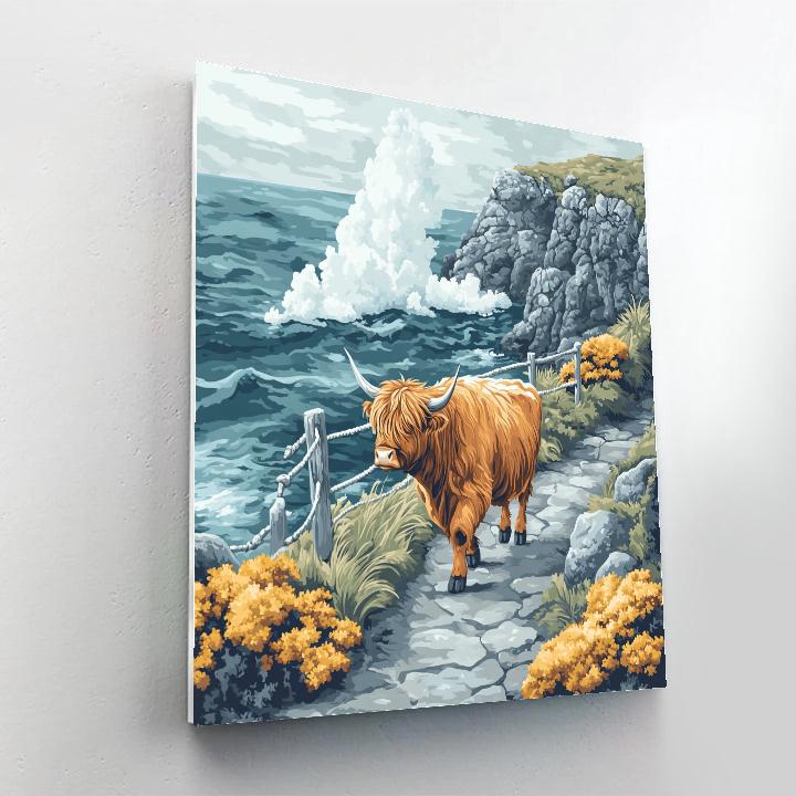 Highland Cow Sea Spray Cliff Path painting number kit