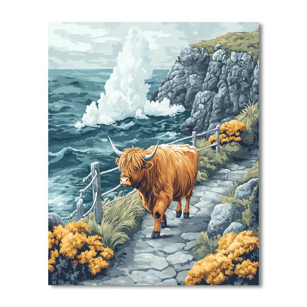 Highland Cow Sea Spray Cliff Path painting number kit