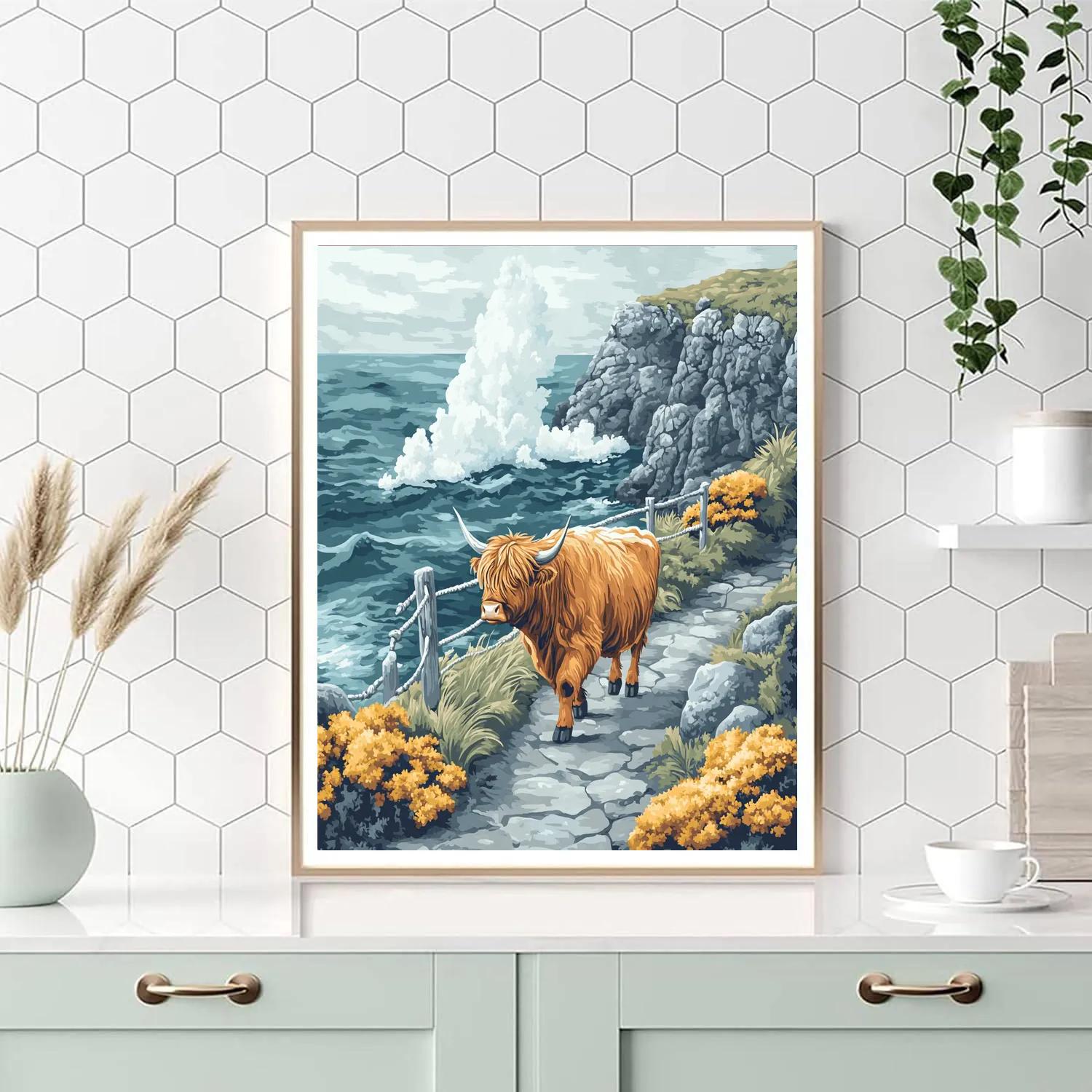 Highland Cow Sea Spray Cliff Path painting number kit