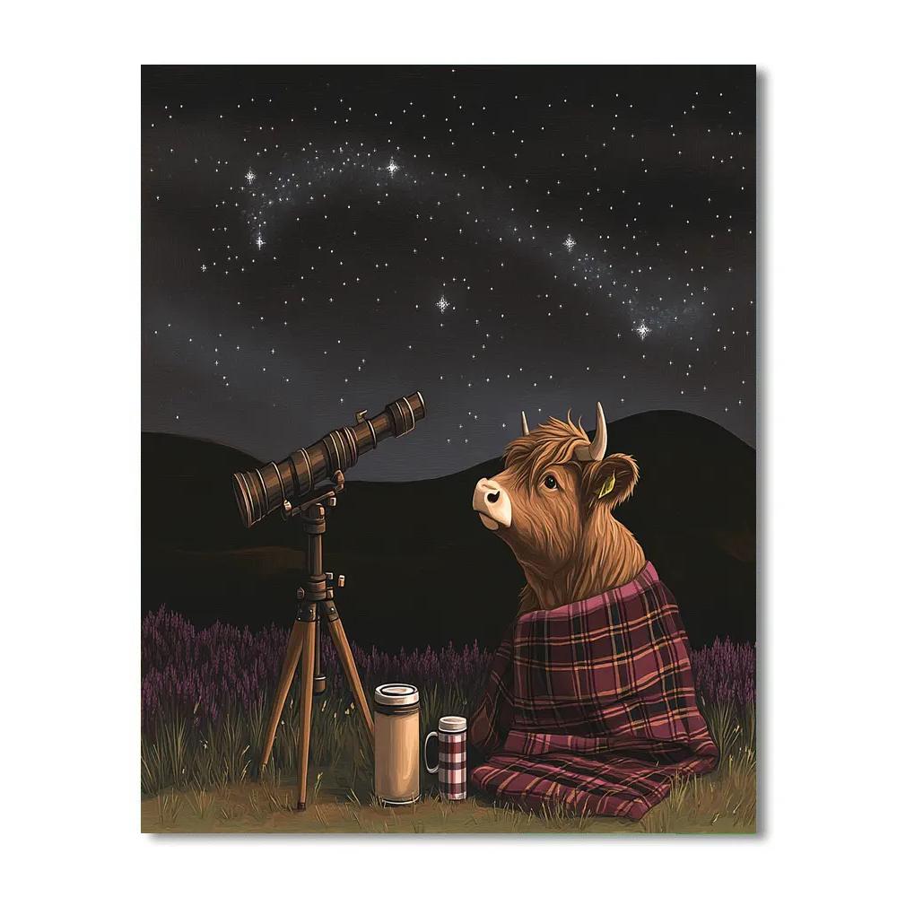 Highland Cow Night Sky Telescope Friend paint by numbers