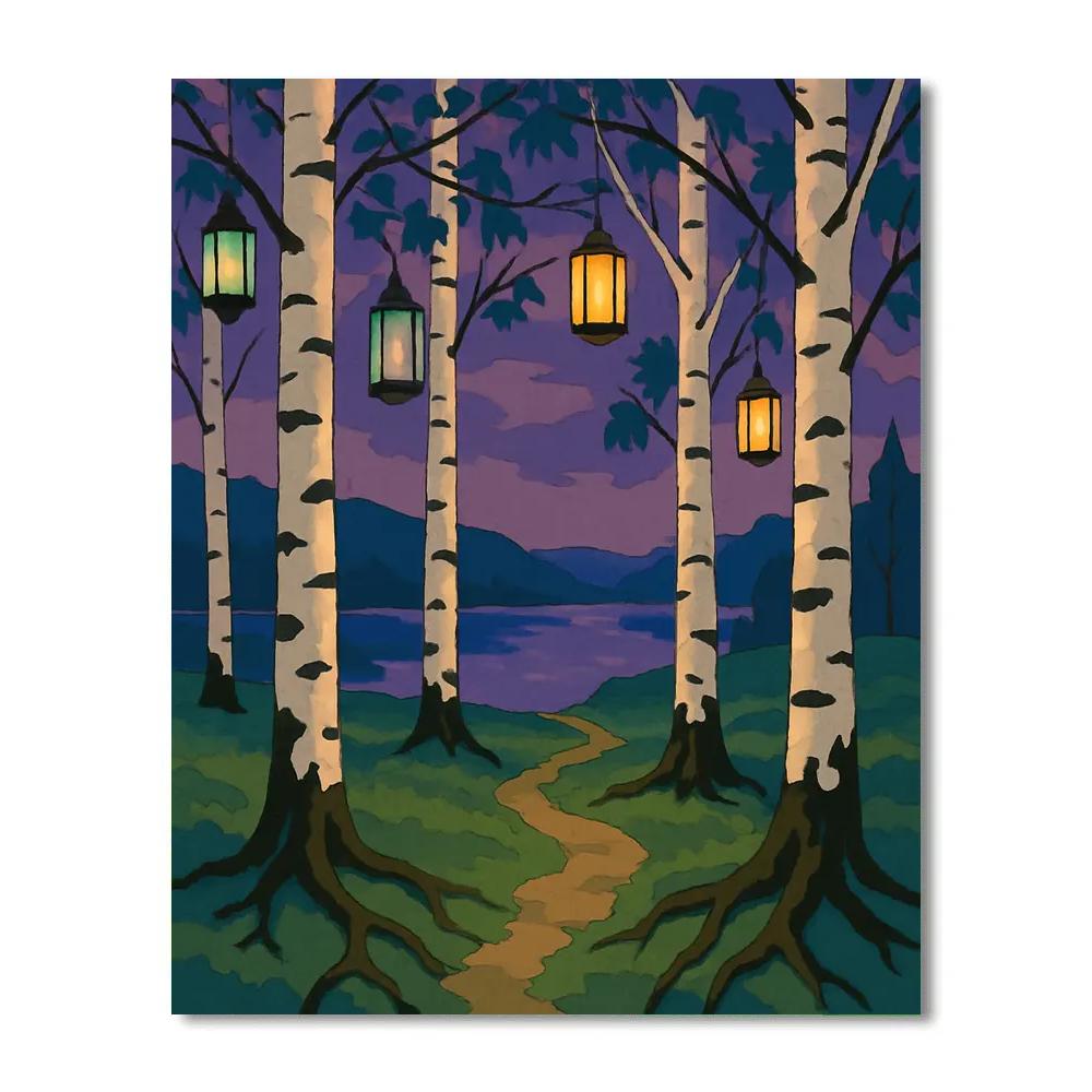 Lanternlit Tree Grove Of Paper Birch paint by color