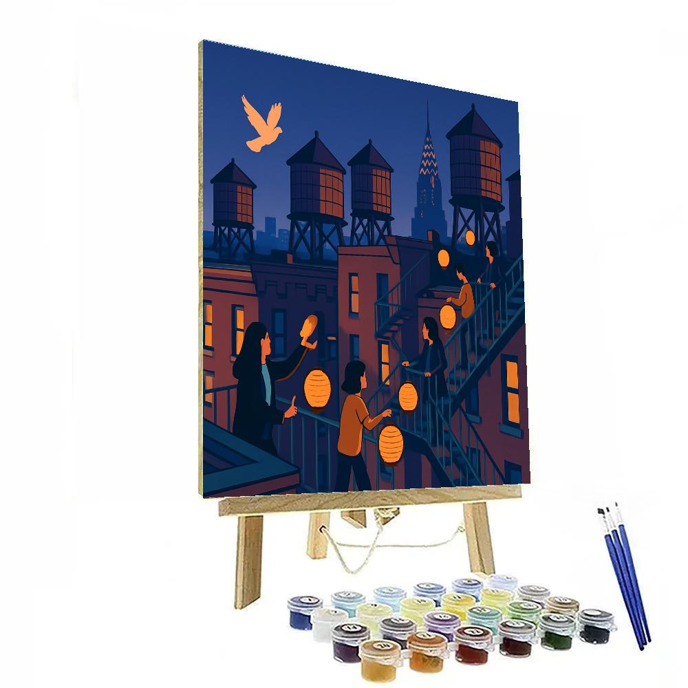 Rooftop Water Towers In New York Twilight Parade Painting by numbers kit