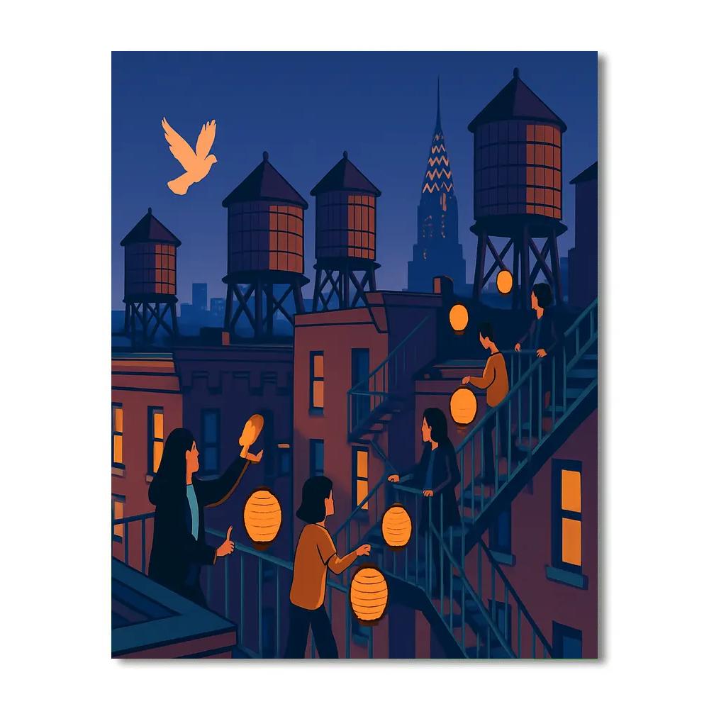 Rooftop Water Towers In New York Twilight Parade Painting by numbers kit