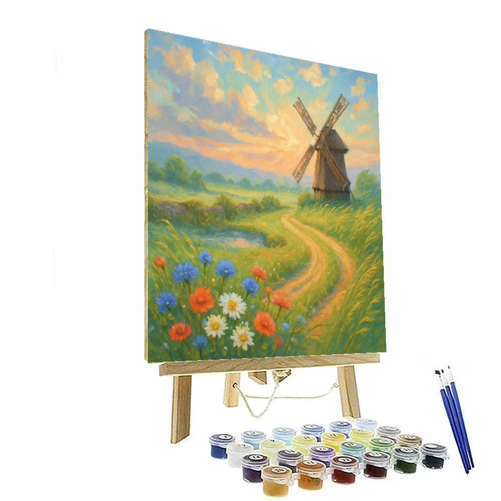 Wildflower Windmill Meadow At Sunrise paint by number