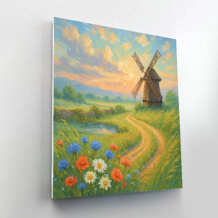 Wildflower Windmill Meadow At Sunrise paint by number