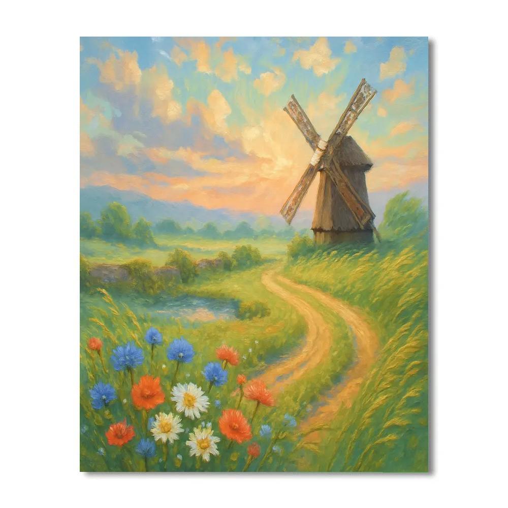 Wildflower Windmill Meadow At Sunrise paint by number