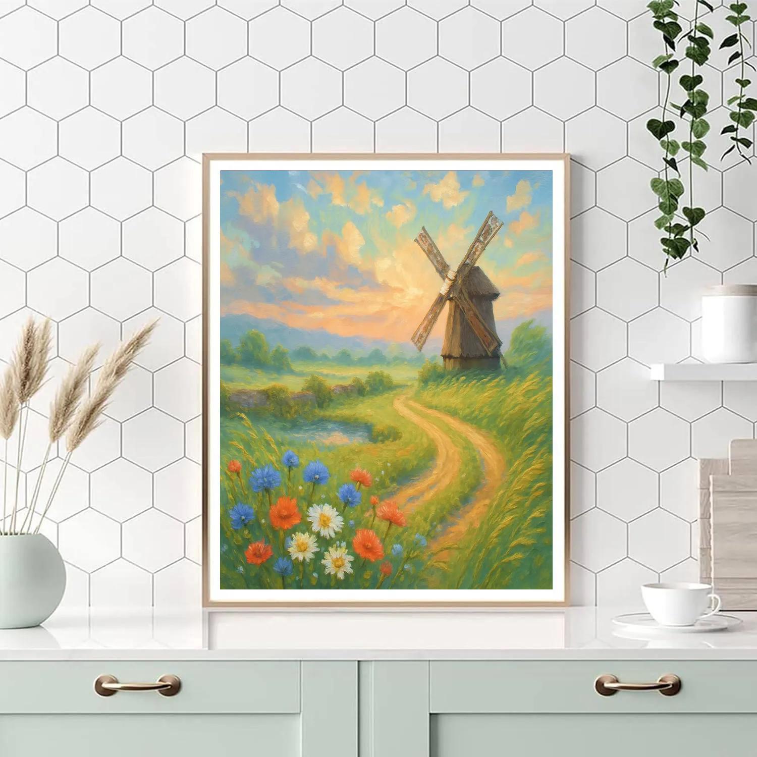 Wildflower Windmill Meadow At Sunrise paint by number