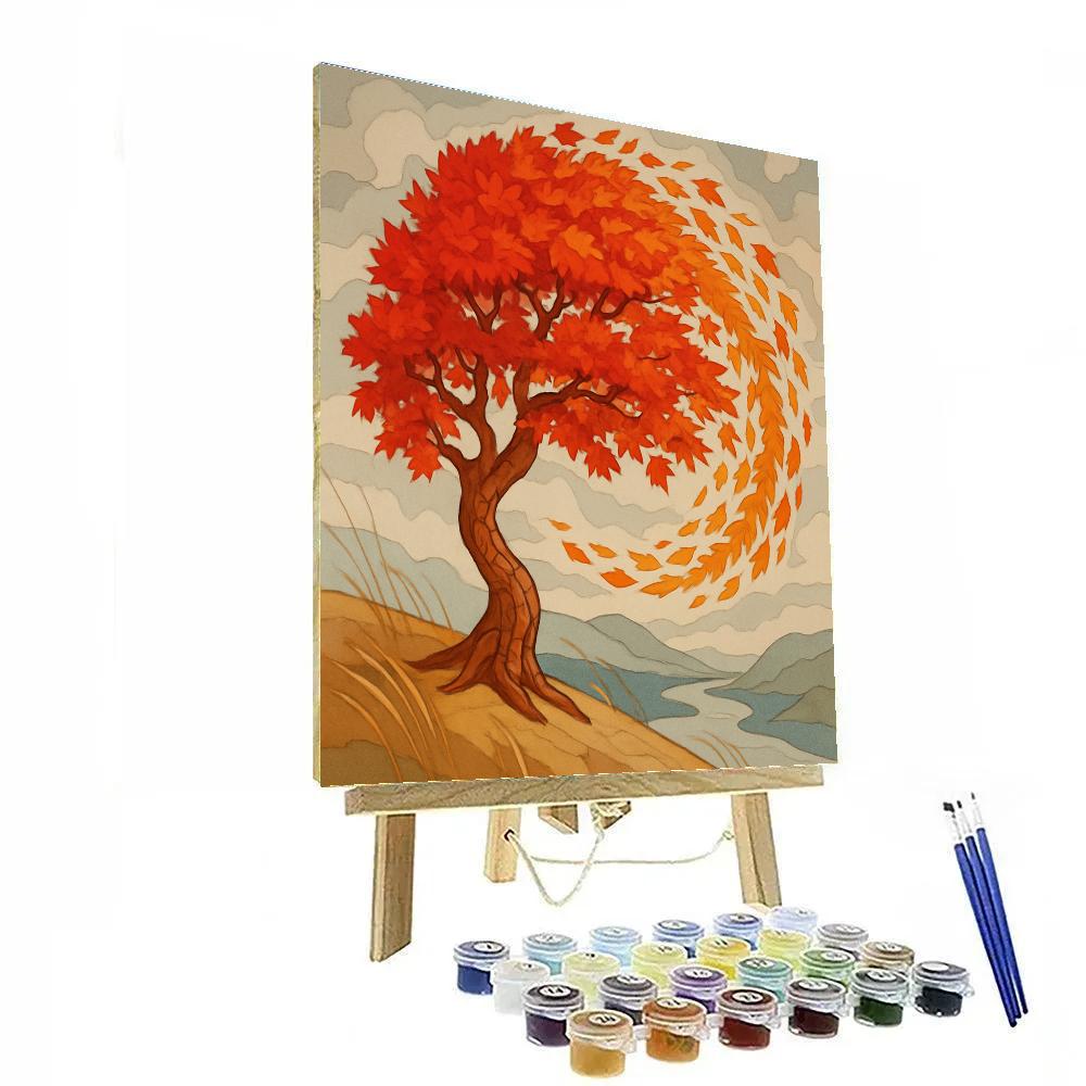 Crimson Canopy With Tree Of Windborne Leaves paint by color