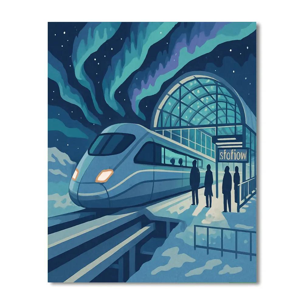 Aurora Glass Station With Midnight Train Arrival paint by color