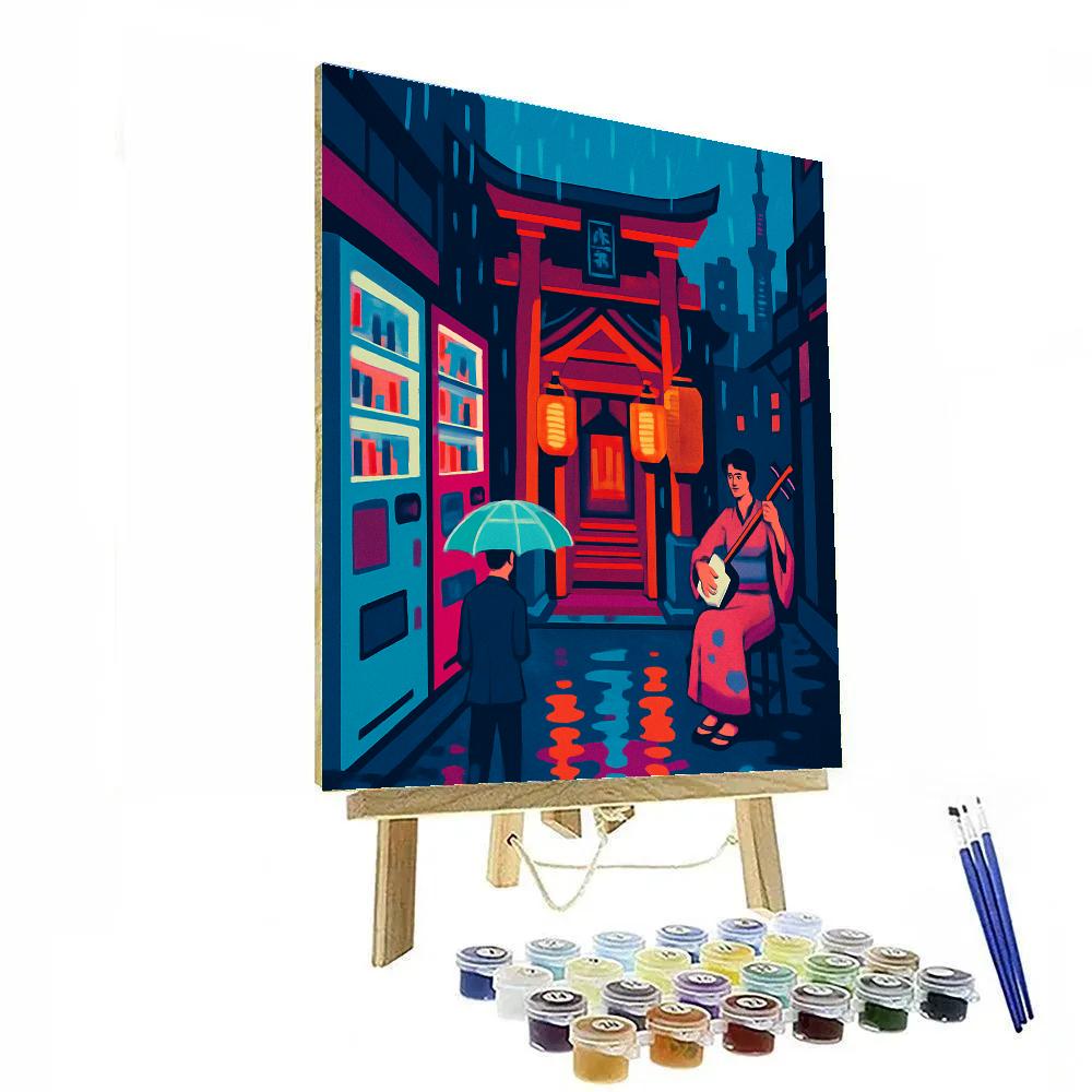 Neon Rain Japan Street And Shrine Passage paint by color