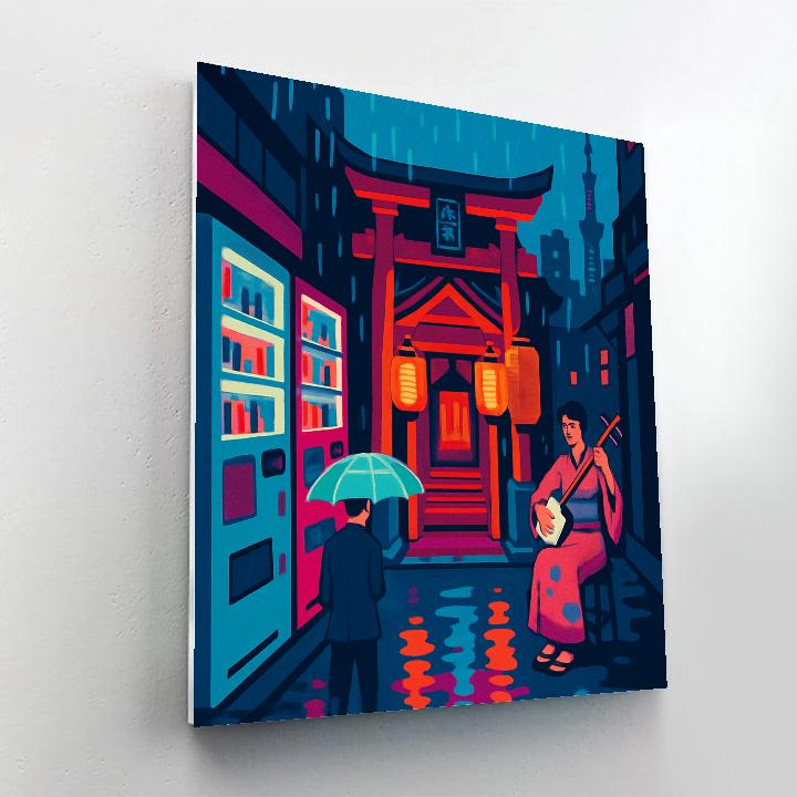 Neon Rain Japan Street And Shrine Passage paint by color