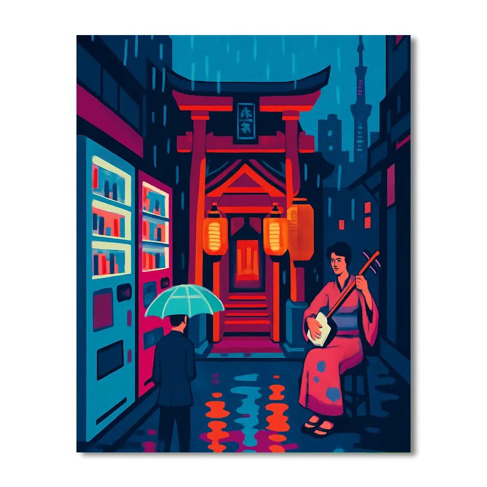 Neon Rain Japan Street And Shrine Passage paint by color