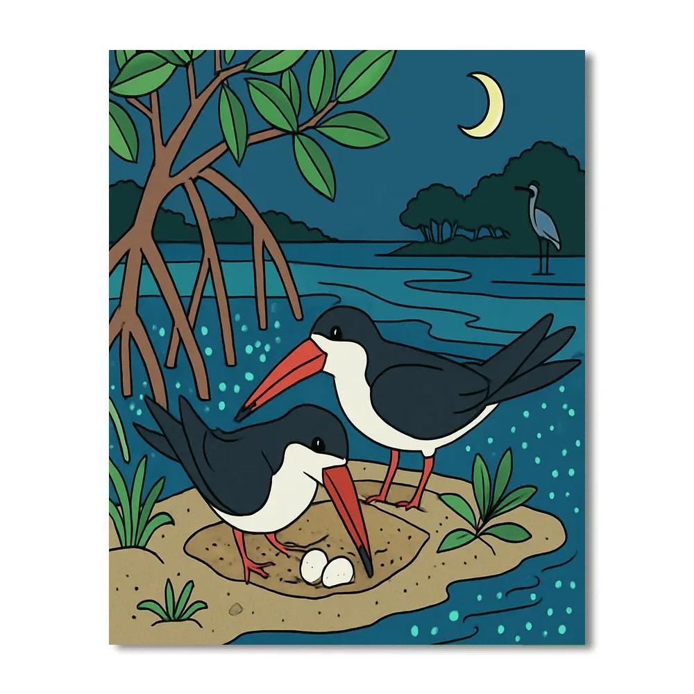 Mangrove Nesting With Birds In Tidal Moonlight painting number kit
