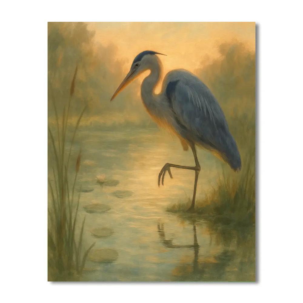 Heron At The Reed Mirror Pond paint by number