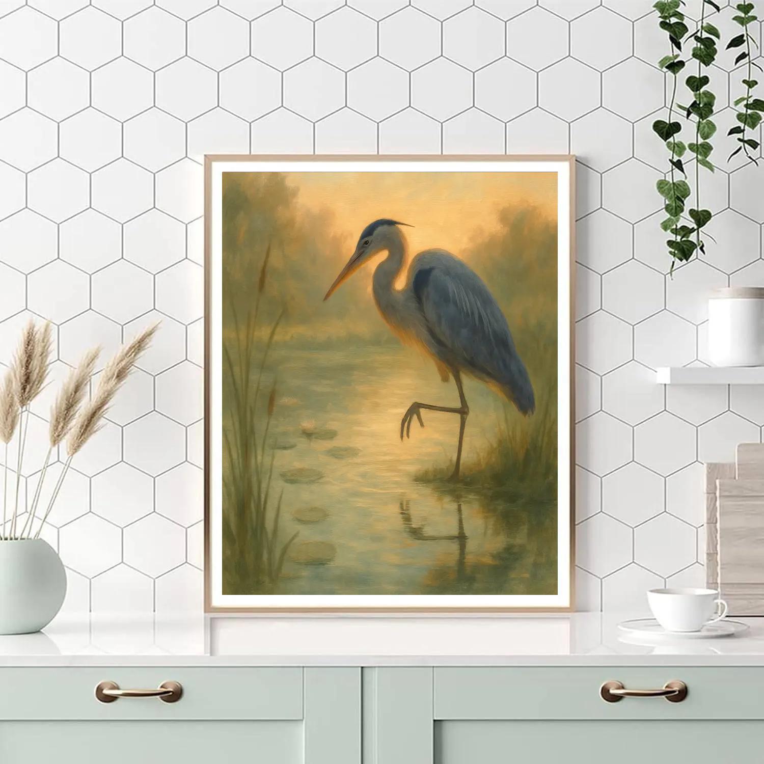 Heron At The Reed Mirror Pond paint by number