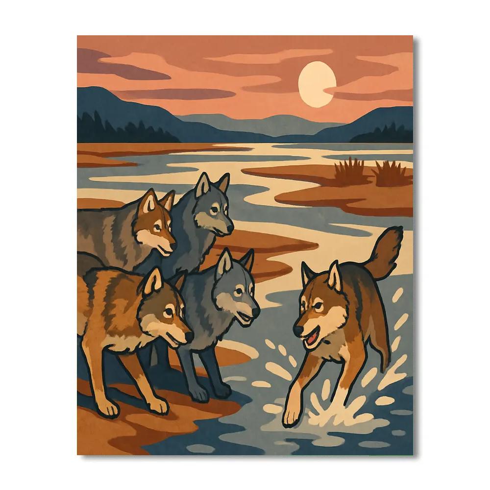 River Delta Shadows With Wolf Pack paint by number