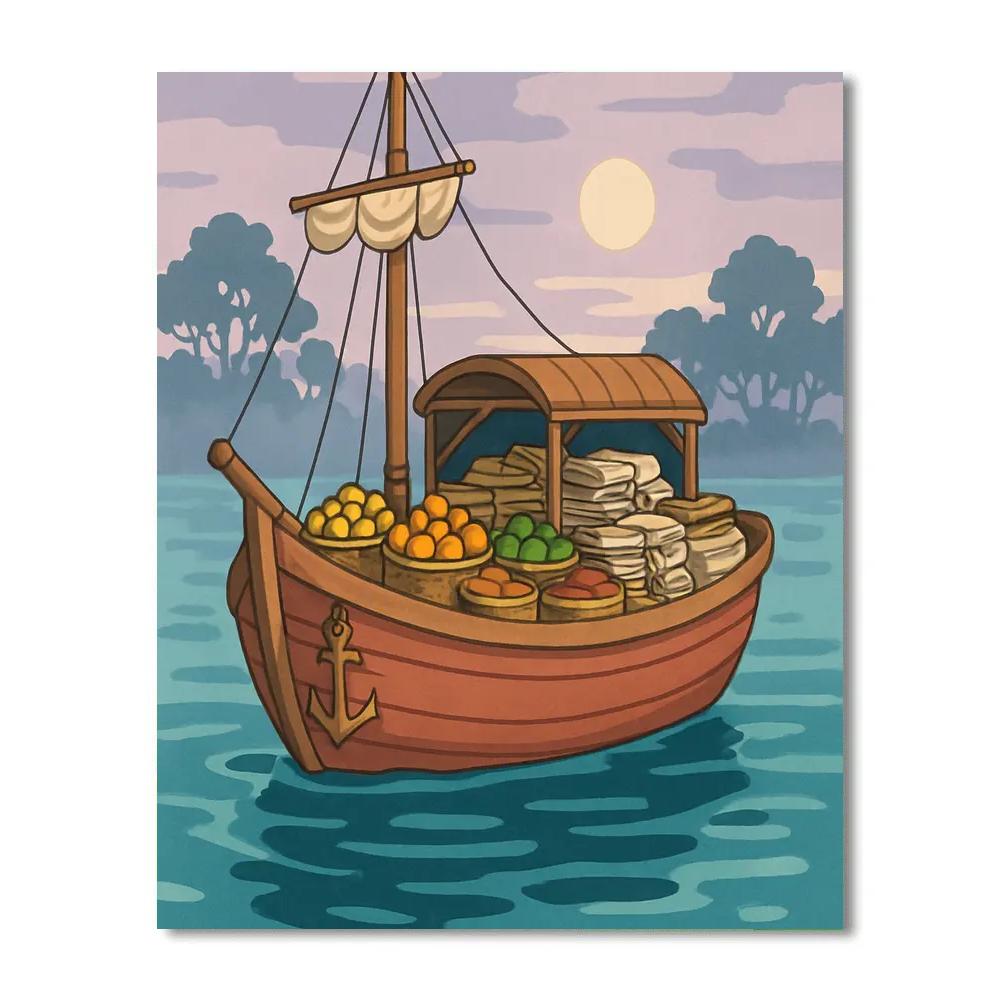 Floating Market Ship At Dawn Numbered painting kits
