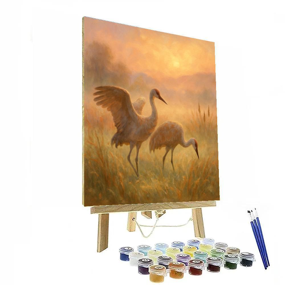 Crane Pair In Sunrise Meadow Mist Painting by numbers kit
