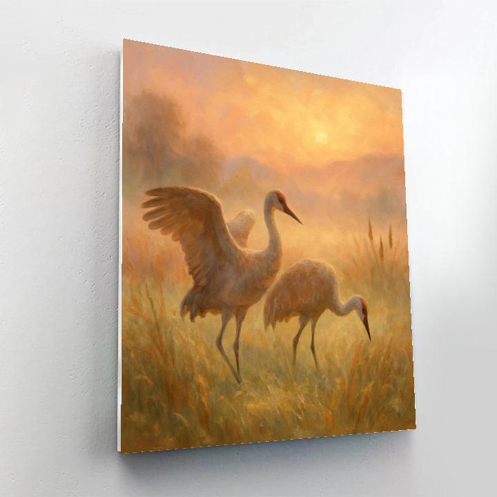 Crane Pair In Sunrise Meadow Mist Painting by numbers kit