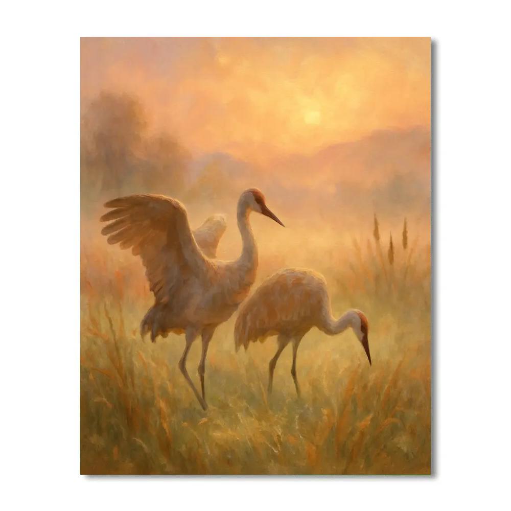 Crane Pair In Sunrise Meadow Mist Painting by numbers kit