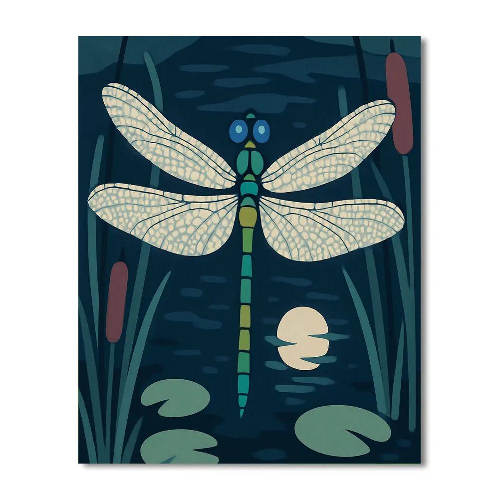 Moonlit Dragonfly Over Marsh Glass Number painting