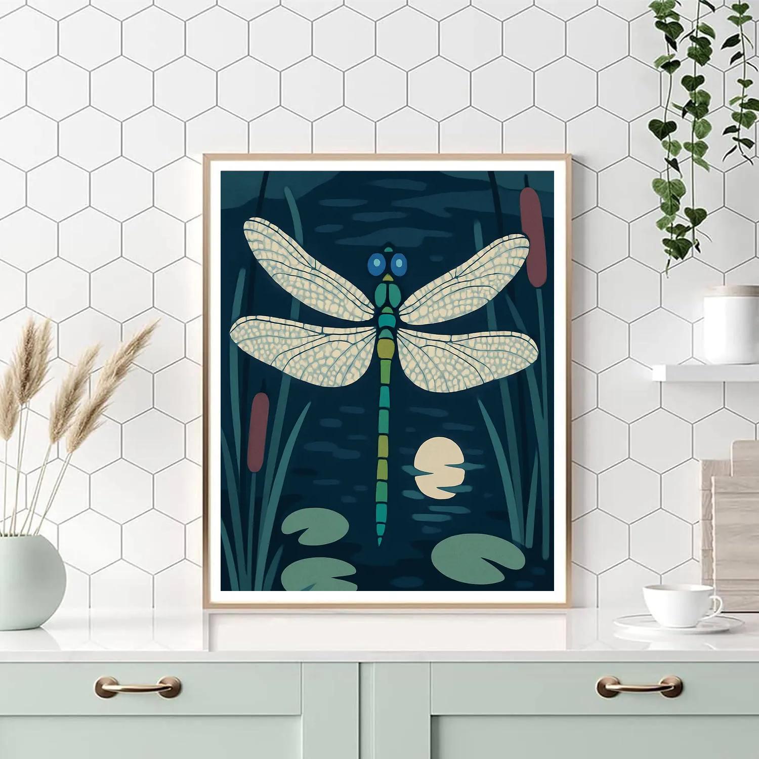 Moonlit Dragonfly Over Marsh Glass Number painting
