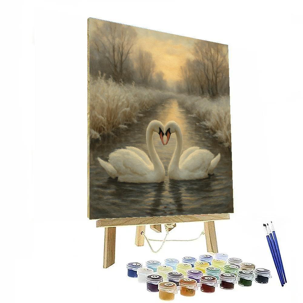 Swans In A Candle Colored Winter Canal painting number kit