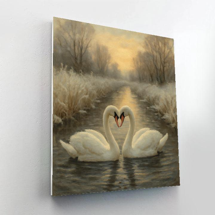 Swans In A Candle Colored Winter Canal painting number kit