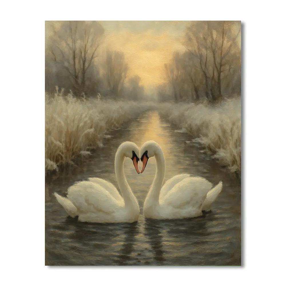 Swans In A Candle Colored Winter Canal painting number kit