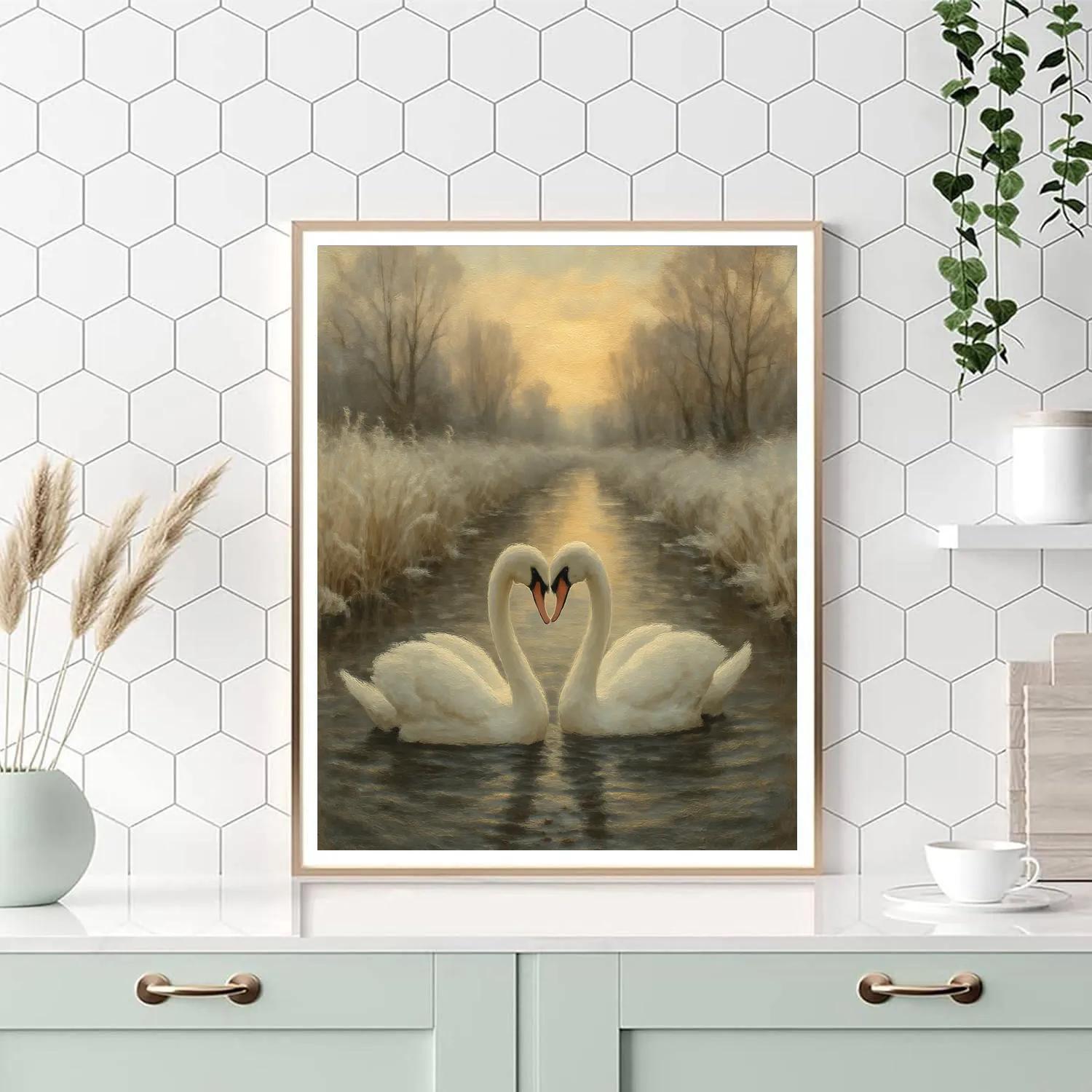 Swans In A Candle Colored Winter Canal painting number kit