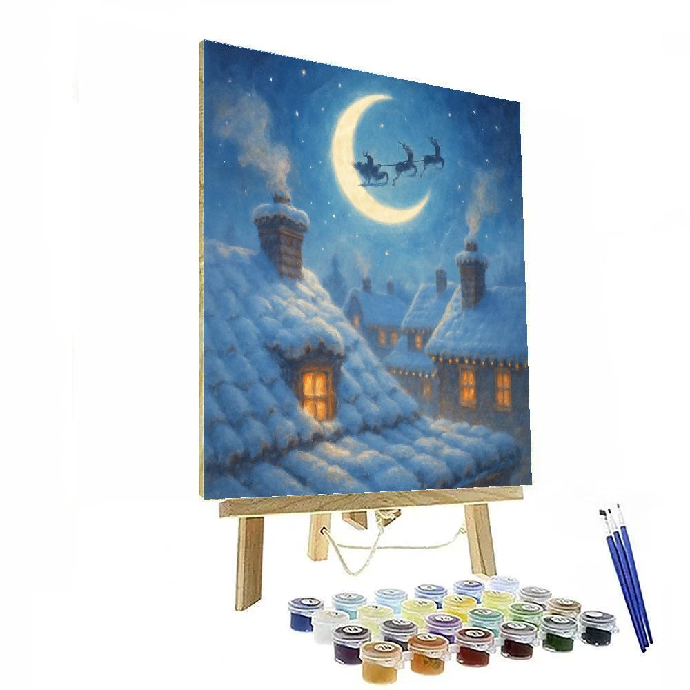 Snowy Rooftops With Santa Sleigh Silhouette Glow Paint by numbers art