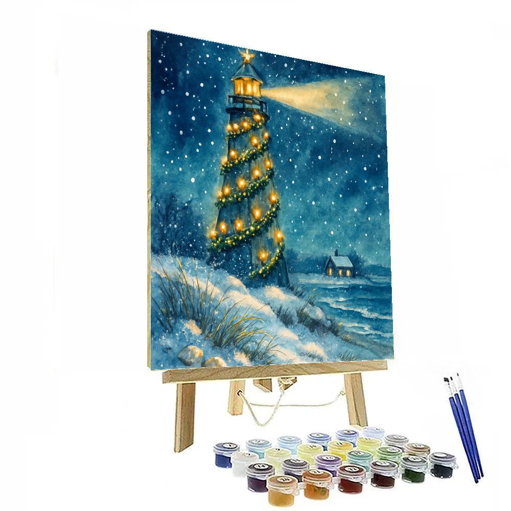 Midnight Snowfall Over The Lighthouse Tree Painting by numbers kit