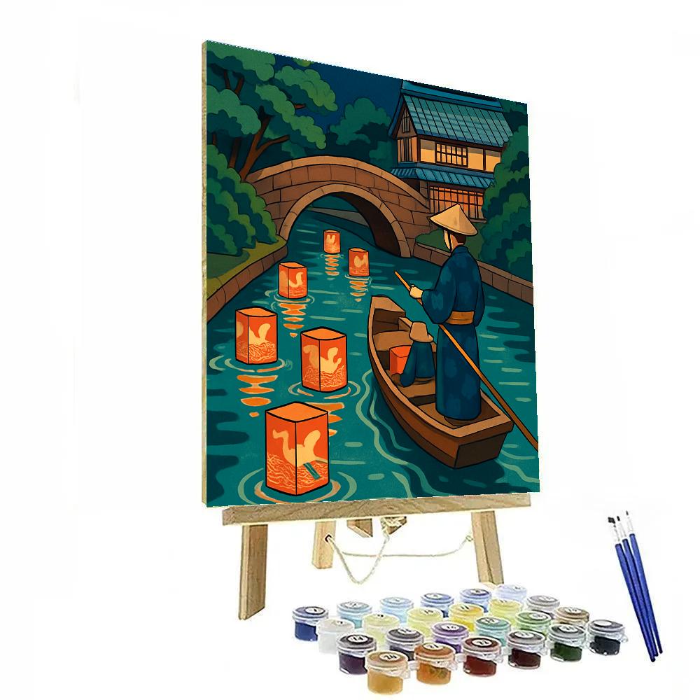 Neon Canal Night In Japan With Paper Lantern Regatta Numbered painting kits