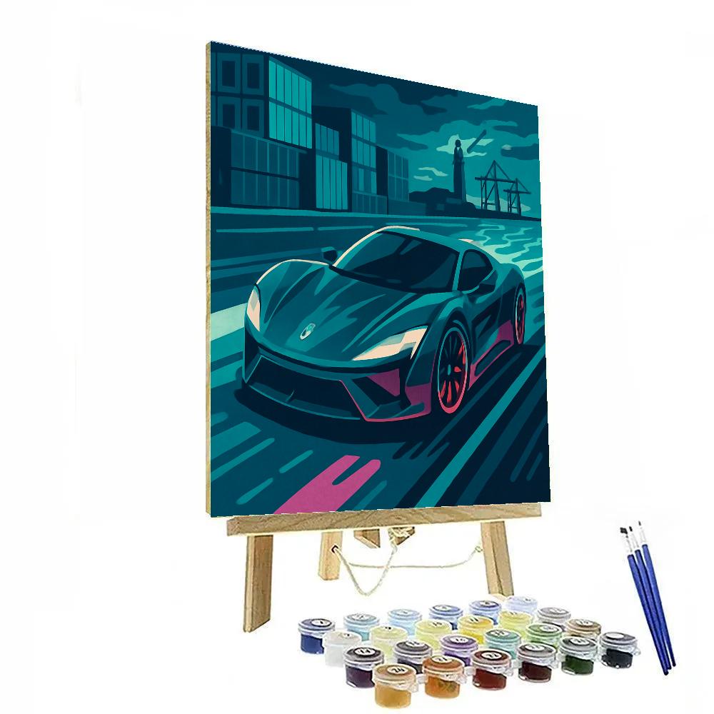 Neon Harbor Night Run With Cars paint by color