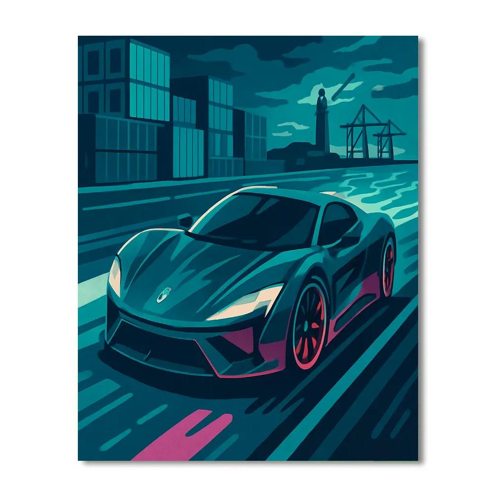 Neon Harbor Night Run With Cars paint by color