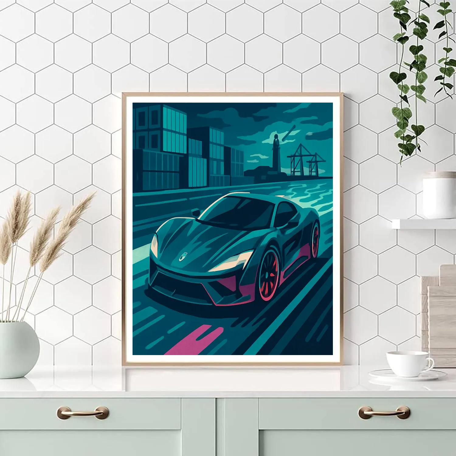 Neon Harbor Night Run With Cars paint by color