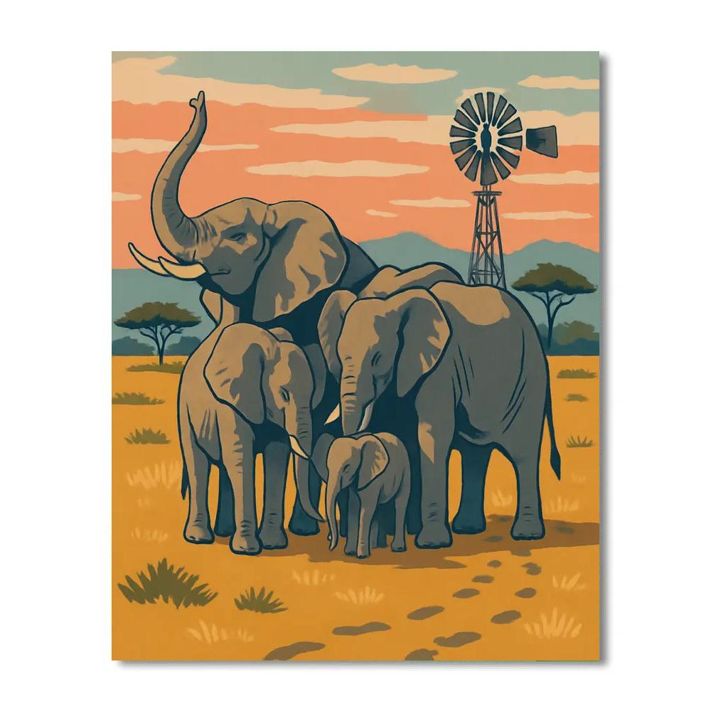 Grassland Windmill With Elephant Guardians Number painting