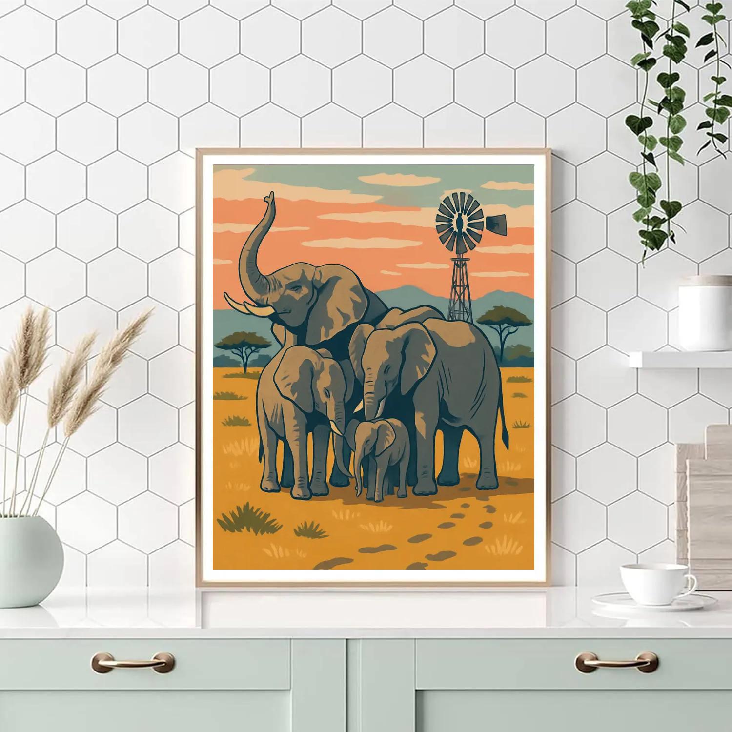 Grassland Windmill With Elephant Guardians Number painting