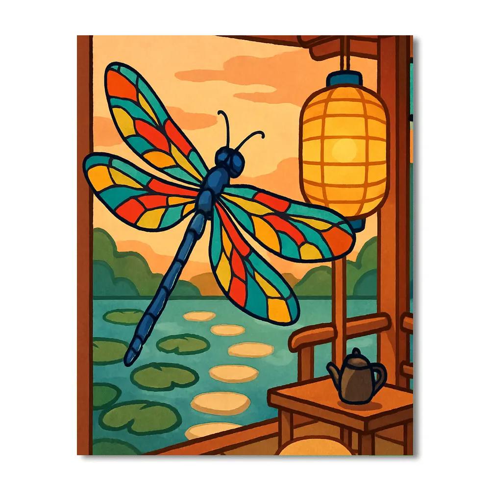 Tea Garden Pavilion With Dragonfly Lantern Light Paint by numbers kits