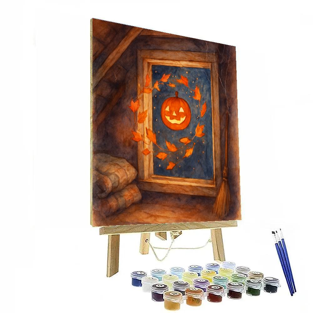 Enchanted Attic Window With Floating Autumn Leaves Paint by numbers kits