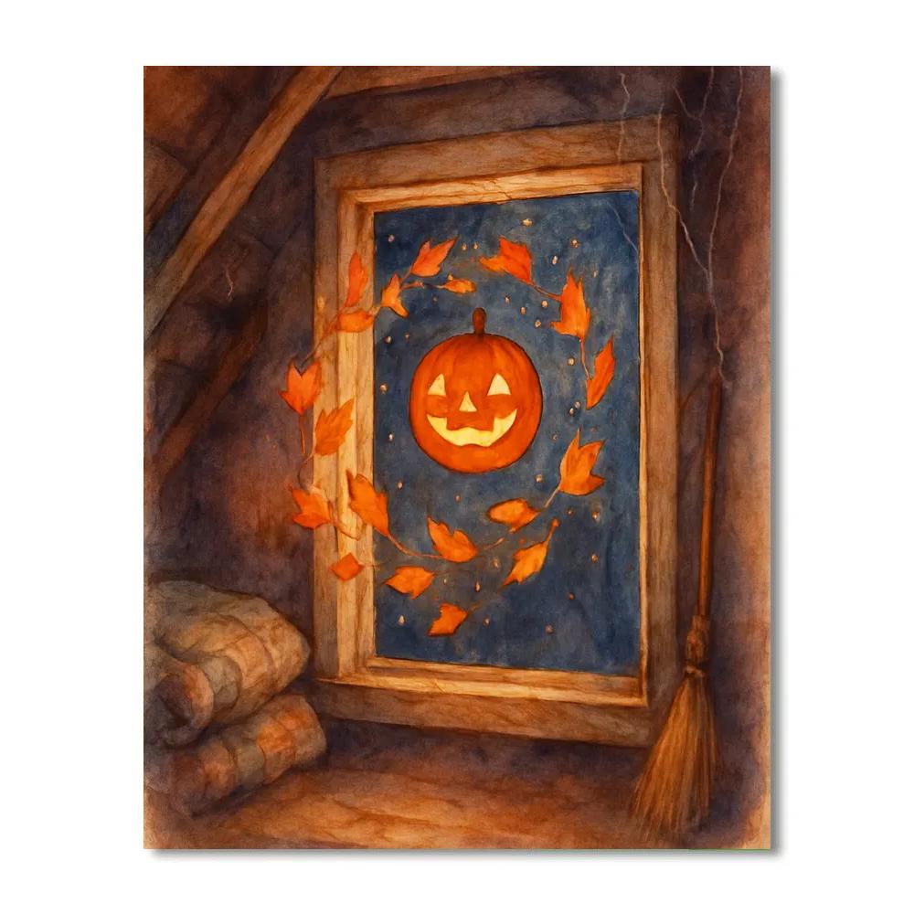 Enchanted Attic Window With Floating Autumn Leaves Paint by numbers kits