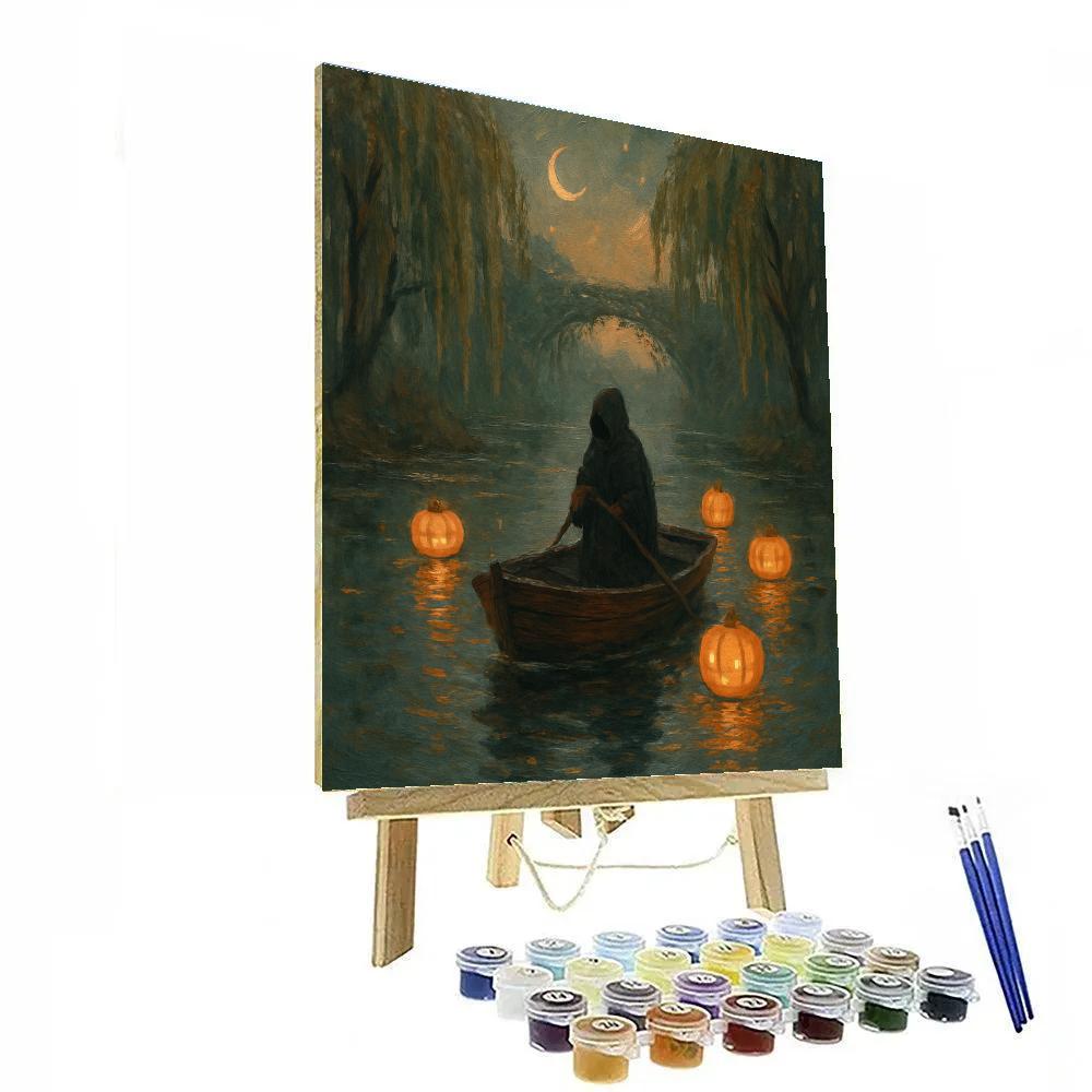 Autumn River Ferry Of Paper Lantern Pumpkins Number painting