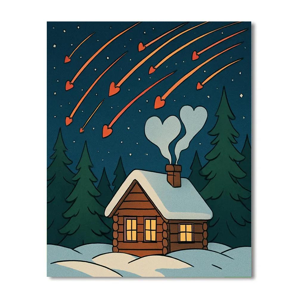 Valentines Day Meteor Shower Over Cozy Cabin paint by color