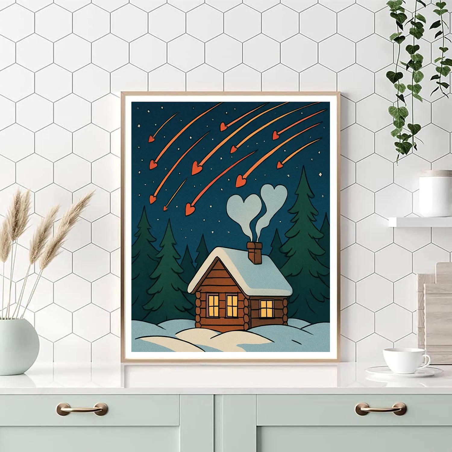 Valentines Day Meteor Shower Over Cozy Cabin paint by color