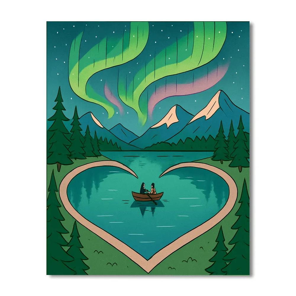 Heart Shaped Aurora Valentines Day Lake painting number kit
