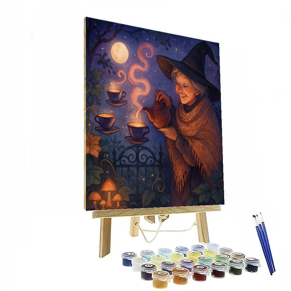 Moonlit Teacups At The Witchs Garden Gate paint by number