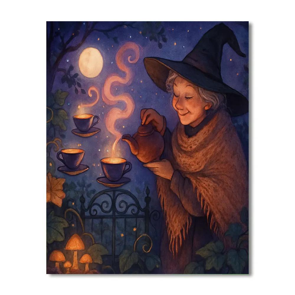 Moonlit Teacups At The Witchs Garden Gate paint by number